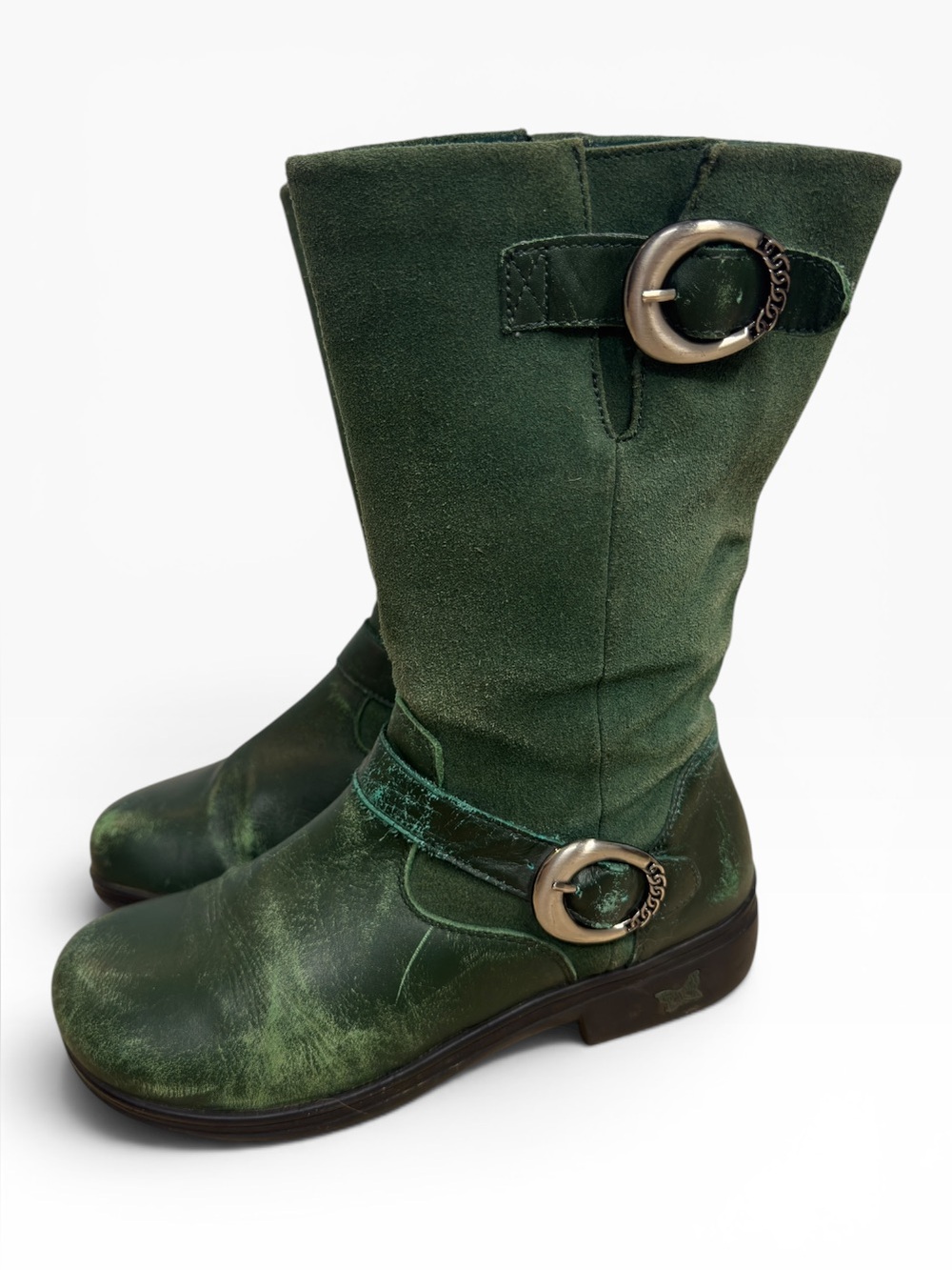 Alegria Kris Green Leather Mid Calf Boots Distressed Buckle Zip Women’s US 8-8.5